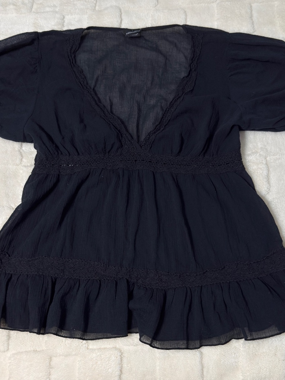 Moda International Black Sheer Cotton Peasant Top Size L Boho Goth Cottagecore B